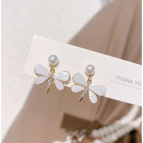 2021 New Arrival 14K Gold Plated Pearl Dragonfly Stud Earrings For Women Luxury Jewelry Zircon Earrings