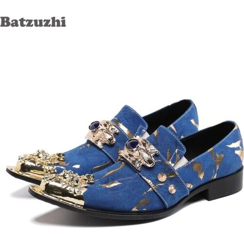 Batzuzhi Fashion Mens Shoes Personality Blue Leather Dress Shoes Men Vintage Metal Toe Chaussure Homme Luxury Male Oxford Flat