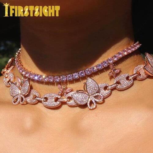 Iced Out CZ Coffee Bean Link Butterfly Necklace Hip hop Fashion Punk Choker Rose Gold Pink CZ Bubble Chain Bling Women Jewelry