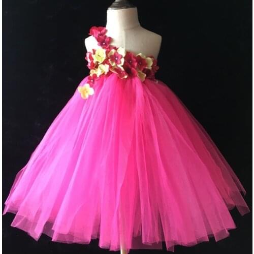Little Girls Flower Petals Tutu Dress Kids Crochet Single Shoulder Tulle Tutus Ball Gown with Headband Set Children Party Dress