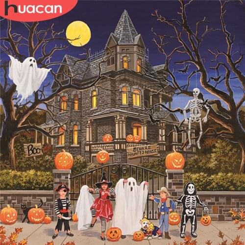 HUACAN 5D DIY Diamond Painting House Full Square Drill Rhinestone Kit Diamond Embroidery Landscape Halloween Wall Art Decoration