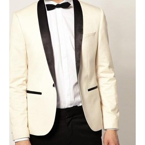 Fashion Handsome Custom Ivory With Black Pants Mens Wedding Dress Suits Slim Fit Wedding Beach Party Clothing (Jacket+Pants)