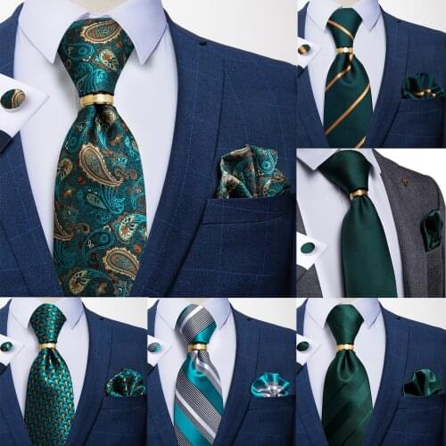 Classic 100% Silk Men Neck Ties Gift Luxury Wedding Party Teal Greeen Paisley Mens Ties Pocket Square Necktie Ring Set DiBanGu