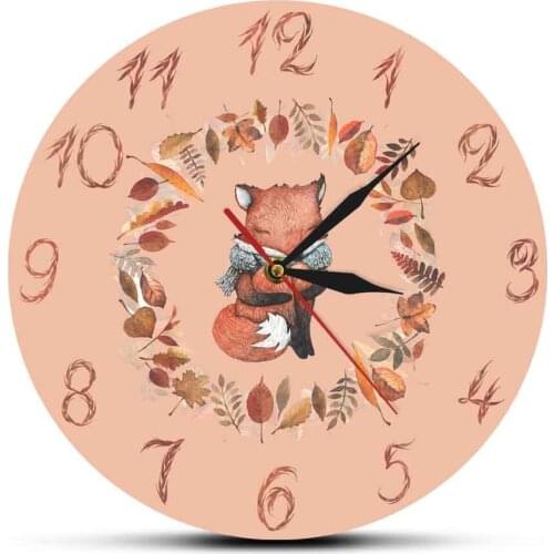 Watercolor Autumn Wreath and Sitting Depressed Fox Acrylic Printed Wall Hanging Clock Animal Design Watch Nursery Home Decor