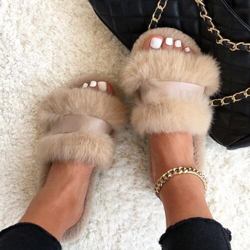 Real Rabbit Fur Slippers Fluffy Flip Flops Furry Fur Slides Designer Plush Slippers Cute Ladies Cozy Flat Sandals Women Shoes