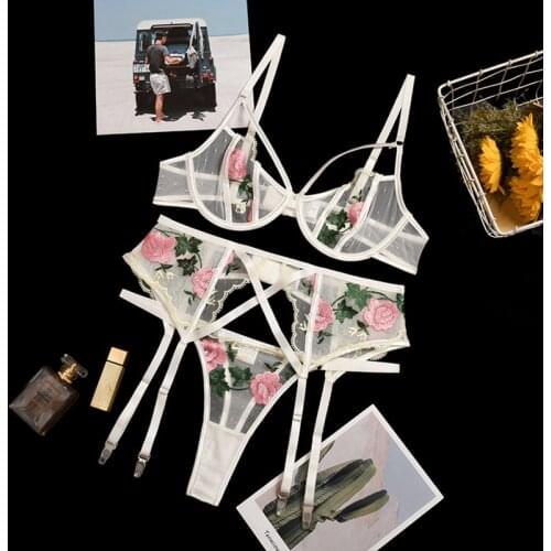 New Summer Fall Womens Sexy Lace Hollow out Wire Bra Thong Garters Suspender Three Piece Sets Nightwear Lingerie