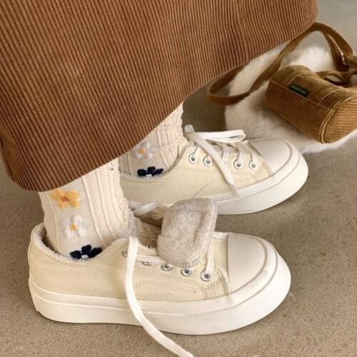 Shoes Woman Korean Series Big Head Autumn and Winter White Shoes Womens Thermal Plus Cotton Thick Bottomed Canvas Shoes