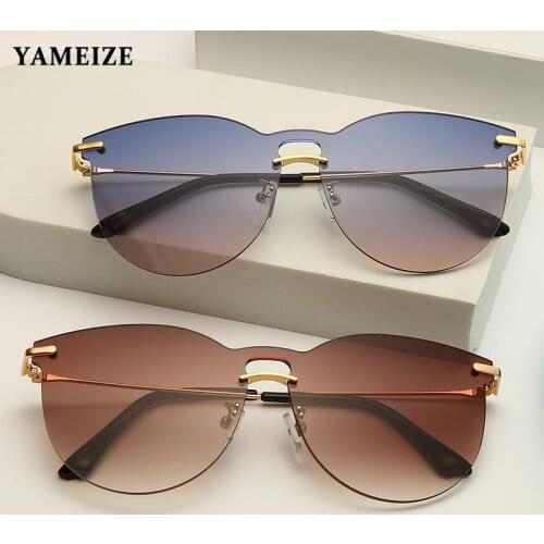 Rimless Cat Eye Sunglasses Women Brand Designer Vintage One Piece Oval Sun Glasses Female Sunglasses Frameless Glasses Oculos UV