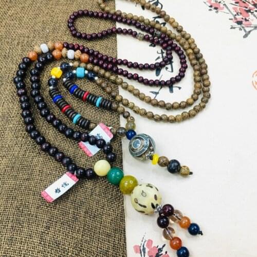 Zheru Natural Bodhi Good Luck Bead Pendant Paired with Multicolor Wood Bead Necklace Exquisite Men and Women Sweater Chain