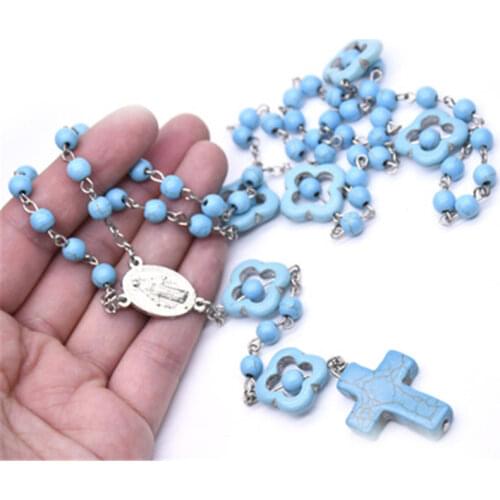 Religious Catholic Religious Orthodox Rosary Blue Turquoises Necklace Praying Necklace Cross Pendant