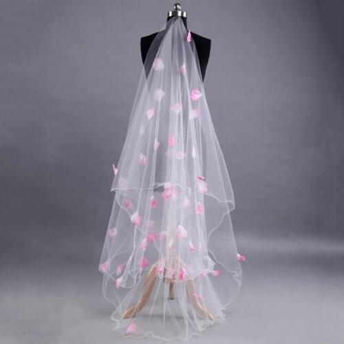 Romantic Wedding Veil Dress Pink Petals Decoration Veil Layers Tulle Ribbon Edge Bridal Veils