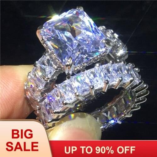 Luxury Princess cut Promise ring Sets Silver color AAAAA Cz Party wedding band rings for women men Finger jewelry Gift