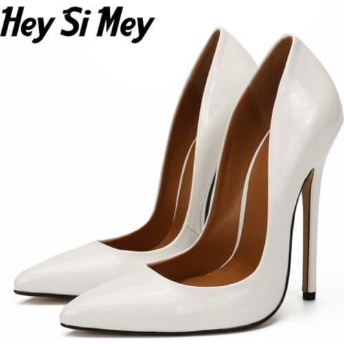 Fashion High Heels Sexy Shoes Women Large Size 43 44 45 Pumps White Stiletto Heel Patent Leather Office Wedding Shoes Hey Si Mey