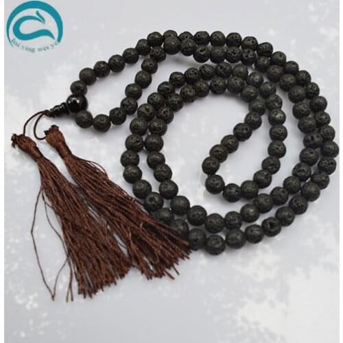 Unique Pearls jewellery Store Classic 8mm Black Volcano Stone Lava Japa Mala Tibet Buddhist 108 Prayer Beads Necklace