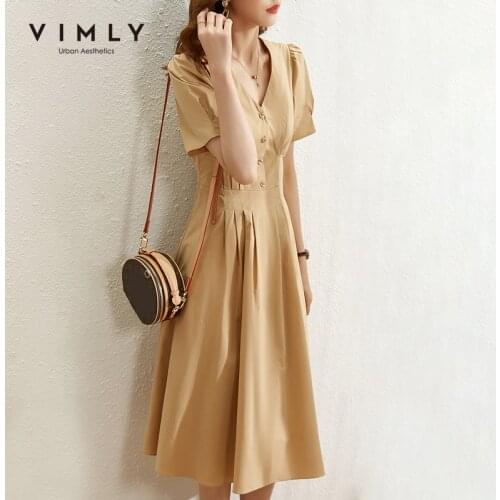 VIMLY Summer Dresses For Women Elegant Dress Office Lady Vneck Vinatge Dress 2021 New A Line Womens Dresses Vestido F8219