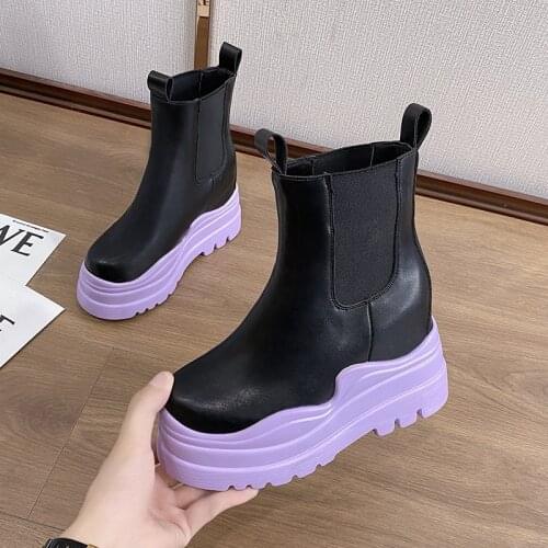 New 2021 Autumn Ankle Boots Womens High Platform Black Chunky Sneakers 10CM Wedges Heels Leather Motorcycle Boot Botas De Mujer