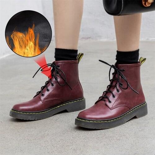 Plus Size 34-43 Fashion Flat Platform Boots Women Shoes Autumn Winter Fur Fashion Round Toe Lace-up Leather Boots Ladies Shoes