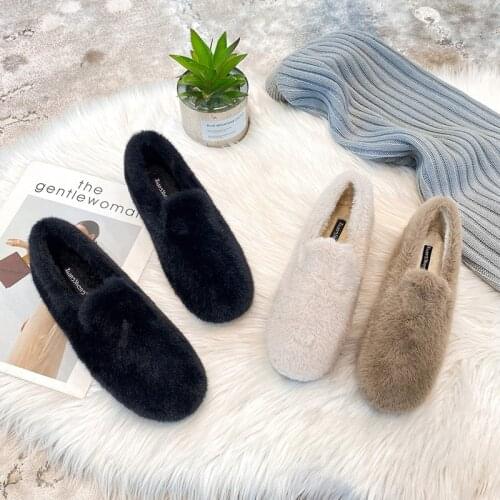 Chic Mink fur loafers female winter cotton shoes women solid comfy shearling moccasins warm plush flats woman plus size 34-43
