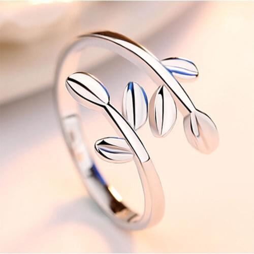 925 Sterling Silver Simple Fashion Leaves Opening Rings For Women bague femmev gift S-R74