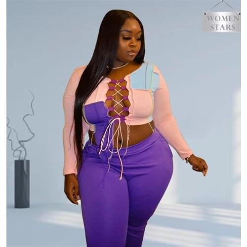 Plus Size 2 Piece Outfits Women Sexy Bandage Crop Top Pants Sets Hollow Out Soft Fabric Club Streetwear Wholesale Dropshipping