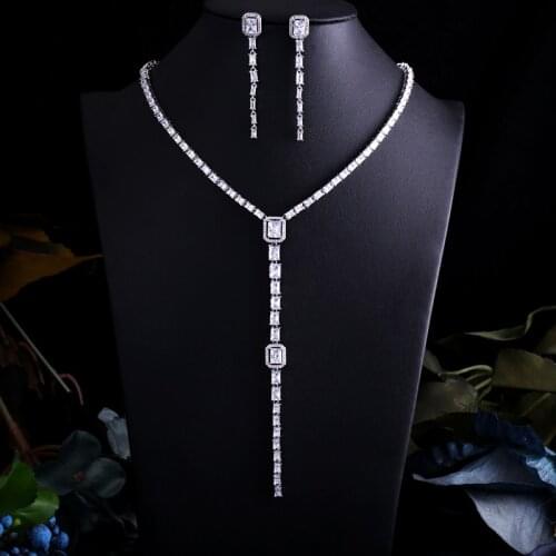 New Fashion CZ Long Necklace Women Famous better Wedding Bridal jewelry set Crystal Statement Necklaces & Pendants earring set