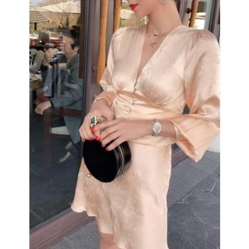 Women Three Quarter Sleeve V Neck Top With Button Closure - Ladies Casual Mini Skirt - 3D Jacquard Champagne Silk 2 Piece Sets