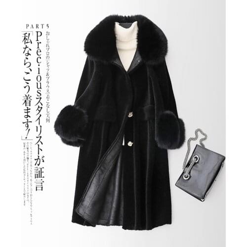 Womens Real Fur Coat Winter Jacket Women 2020 Natural Sheep Shearing Overcoat Long Warm Wool Jacket Real Fox Fur Collar LX2528
