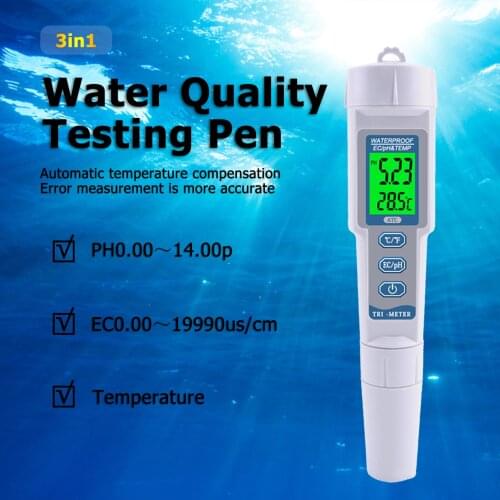 3 IN 1 PH-983 EC/PH&TEM Water Quality Tester Pen Backlight Digital Ph Meter&Probe for Aquarium, Swimming Pool, Laboratory
