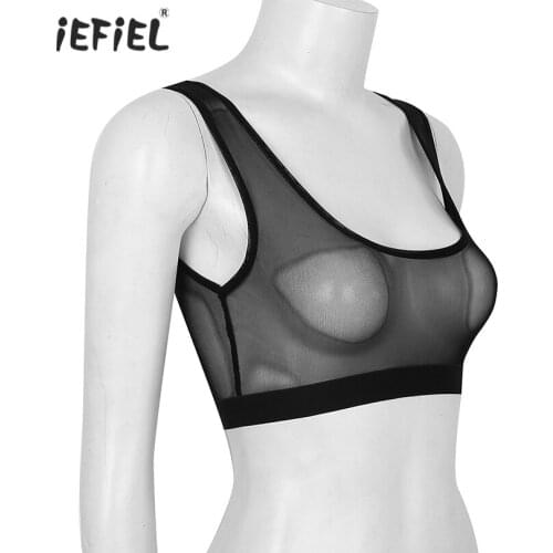 Womens Sexy Lingerie Bra Crop Tops Clubwear Sleepwear Sleeveless See Through Mesh Vest Bralette Deep U Neck Tank Cropped Tops