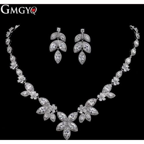 GMGYQ Elegance Flower White Gold Color Zircon Wedding Bridal Jewelry Crystal Necklace And Earrings Set