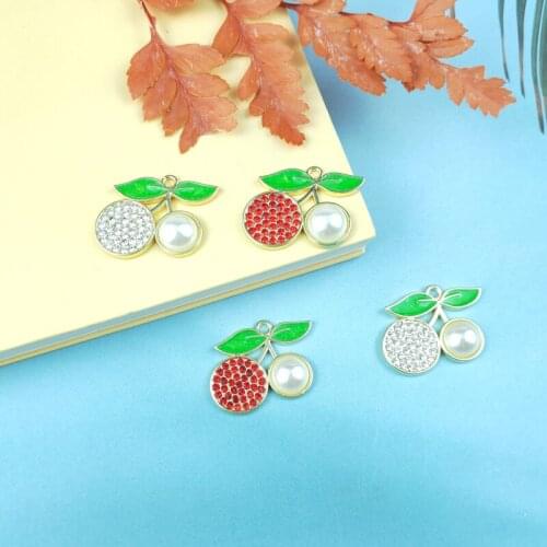 JeQue 10pcs Fruit Pendant Cute Red Cherry Metal Charms DIY Bracelet Earring Decor Rhinestone Cherry Pendants Jewelry Accessories