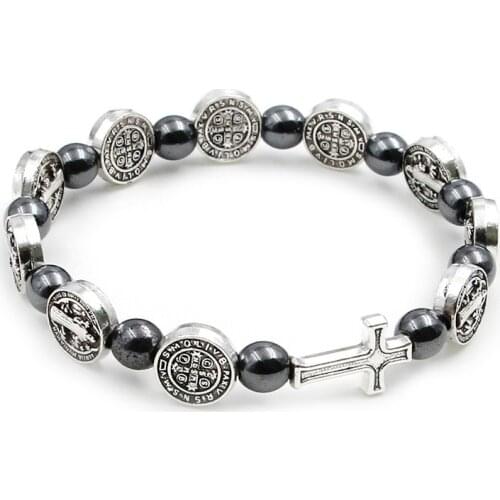 VILLWICE Catholic Rosary Bracelet St. Benedict Medal Cross Prayer Bracelets Hematite Beads Religion Jewelry Accessories