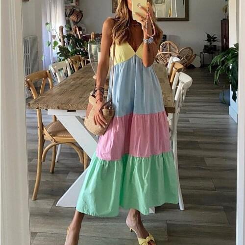 Summer New Panelled Sling Womens Dress Sexy Deep V Neck Patchwork Midi Sundress Female 2021 Ladies Fashion Beach Sweet Dresses