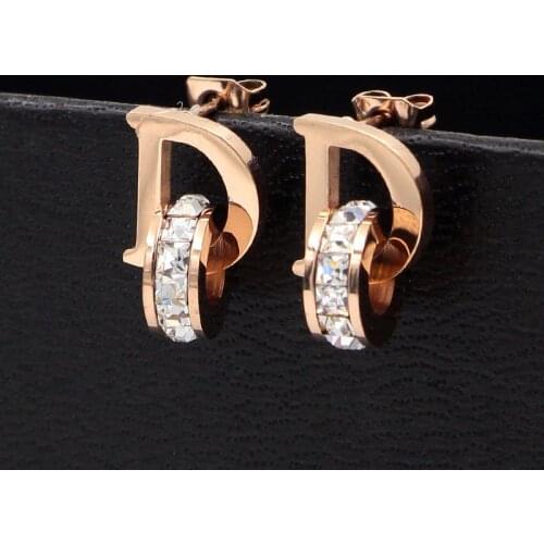 Small and Exquisite D Letters and Crystal Stud Earrings for Women Titanium Steel Brand Jewelry Earrings For Mothers Day Gift