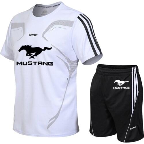 Fashion New Casual Cotton Summer Mens suits Mustang Car Logo Printed short sleeve O-neck Mens T-shirt+pants 2-piece suit