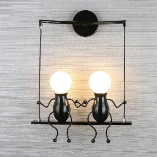 Wall Lamp Little Man E27 Cartoon Doll Creative Bedside light for Kids Baby bathroom Corridor Iron Wall Decorative Light Black