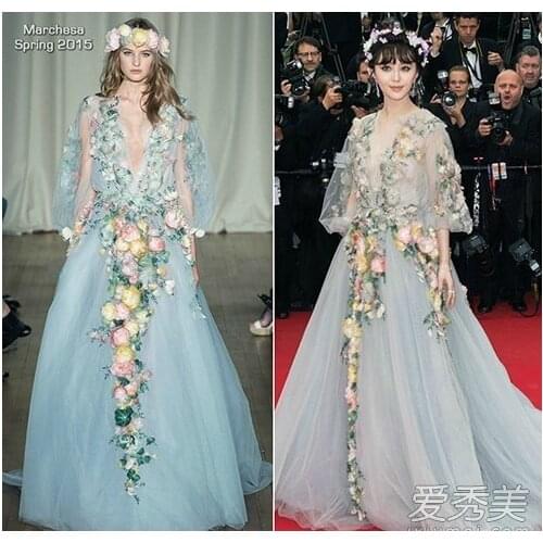 2015 New Design Actress Fan Bingbing Cannes International Film Festival Red Blanket Stage Show Dress Floral Fairy Costume