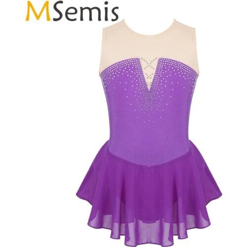 Girls Ice Skating Dress Sleeveless Sparkly Inlaid Rhinestone Mesh Splice Skating Ballet Dance Costumes Gymnastics Leotard Dress