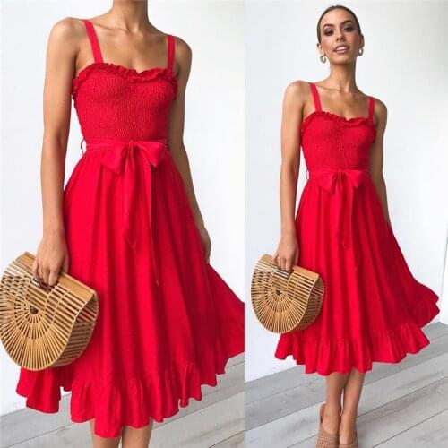Women Sexy Suspender Red MIDI Dress 2020 Summer Open Back Sleeveless Sundress Fashion Ruffle Strap Casual Beach White Dresses