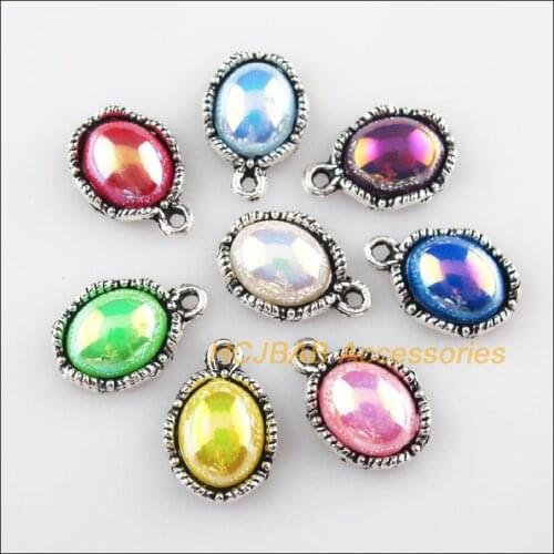 24 New Flower Oval Mixed Acrylic Charms Tibetan Silver Tone Pendants 10.5x16mm