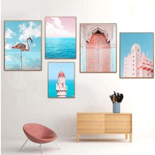 Pink Sky Door Flamingo Building Wall Art Canvas Painting Nordic Posters And Prints Landscape Wall Pictures For Living Room Decor