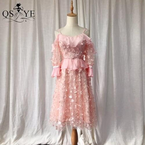 Blush Pink Homecoming Dress Flowers Short Prom Gown Shoulder Straps Lace Girl Long Sleeves Short Party Gown