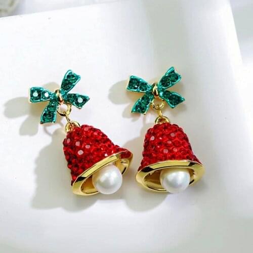 Christmas Gifts Earrings Girls Women Jingle Bell Earrings Green Red Rhinestone Bell Earrings Cute Crystal Bow Fashion Jewelry