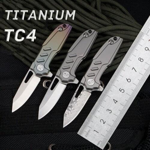 Titanium Damascus Mini Folding Knife TC4 Pocket Keychain D2 Steel Blade Outdoor Camping Survival Knives EDC Tool Gift