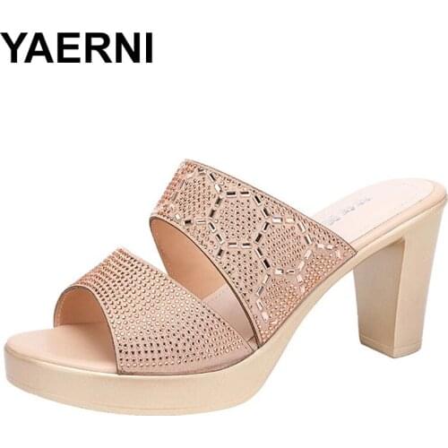 YAERNI 8cm Women Heel Small Platform Slippers Summer Shoes 2021 Open Head High Heels Slides Women Party Office Sandals Plus Size