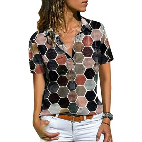 Cofekate Women Clothing 2021 Women Short Sleeve Summer T Shirt Geometric Printed V-Neck Casual Tops Women Shirts