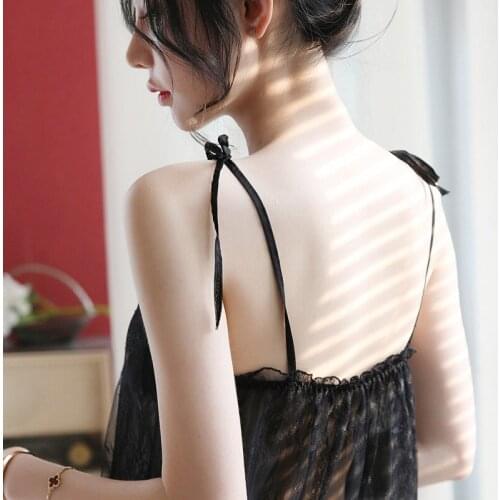 Women Backless Sexy Sleepwear Nightdress Spaghetti Strap Sleepdress With Thong Lace Chiffon White Black Sexy Lingeriel Nightgown