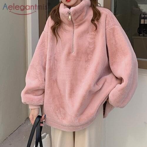 Aelegantmis Korean Thicken Warm Faux Fur Women Sweatershirt Fashion Casual Sweet Winter Jacket Female Loose Chic Coat 2021 New