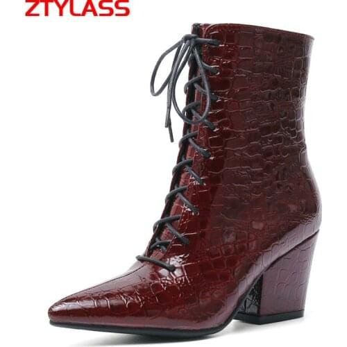 Autumn Women Boots Imitation Crocodile Leather Square High Heel Ankle Boots Pointed Toe Zipper Winter Boots Women Big Size 34-43