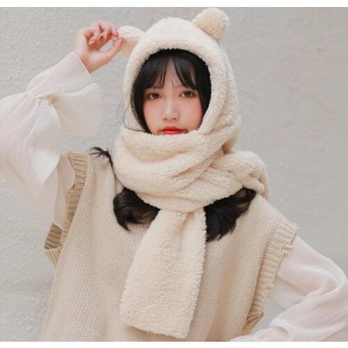 Womens Warmer Scarf Winter Lovely Bear Ears Soft Plush Hat Hooded Scarves New Fashion Fluffy Animal Cap Scarf Gift for Girls